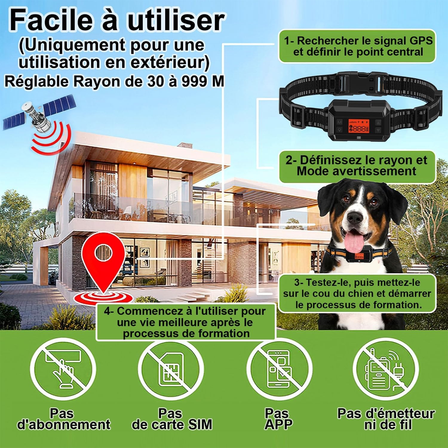Draadloze GPS Hondenomheining voor buiten met Halsband | IPX7 Waterdicht | Radius 30-999m | Oplaadbaar | Zwart