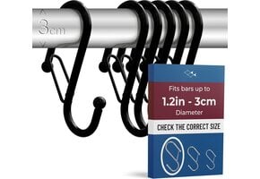 6x Grote S-haken met veiligheidssluiting – metalen ophanghaken voor dikke stangen tot 3 cm – S-vorm haak voor douchegordijn, tuinrek en camping – Zwart