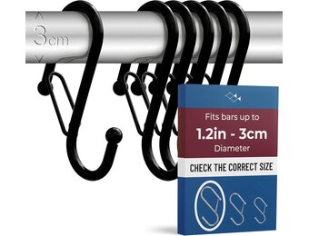 6x Grote S-haken met veiligheidssluiting – metalen ophanghaken voor dikke stangen tot 3 cm – S-vorm haak voor douchegordijn, tuinrek en camping – Zwart