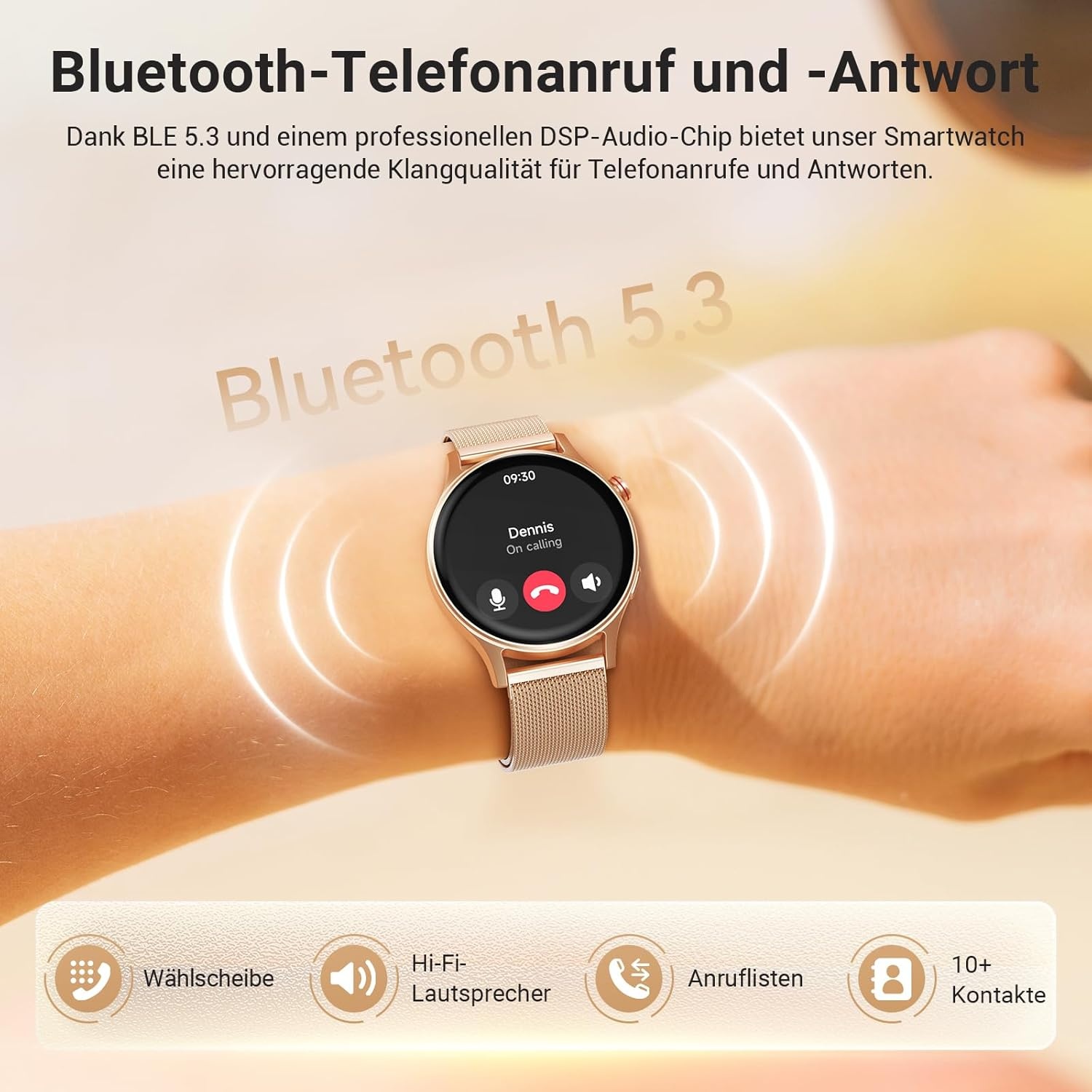 Smartwatch dames en heren met AMOLED display en telefoonfunctie - Goud