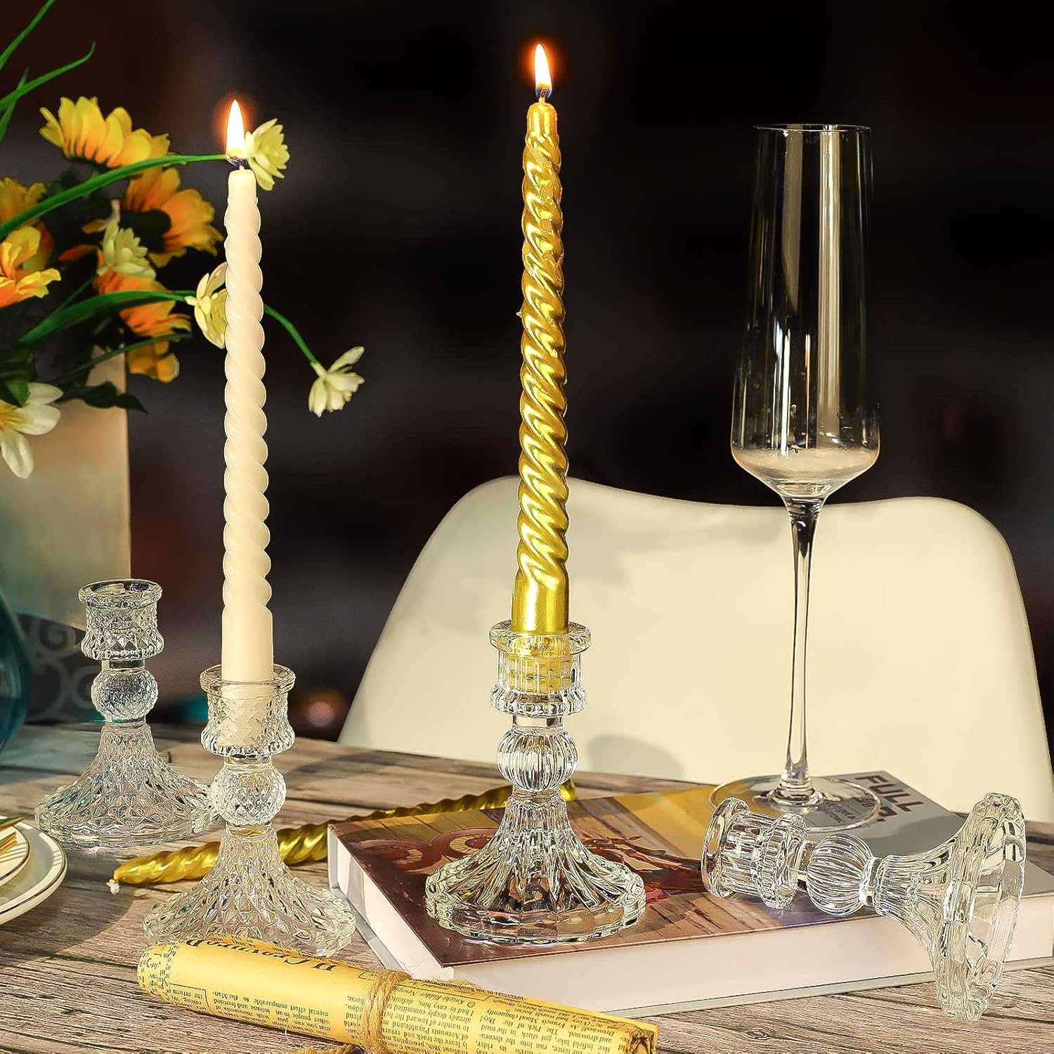Heldere glazen kandelaarhouders, 8 stuks set bevat taps toelopende kandelaars en streep kandelaars, twee stijlen voor formele evenementen, bruiloft, festival, kerk, feest en festivaldecoratie