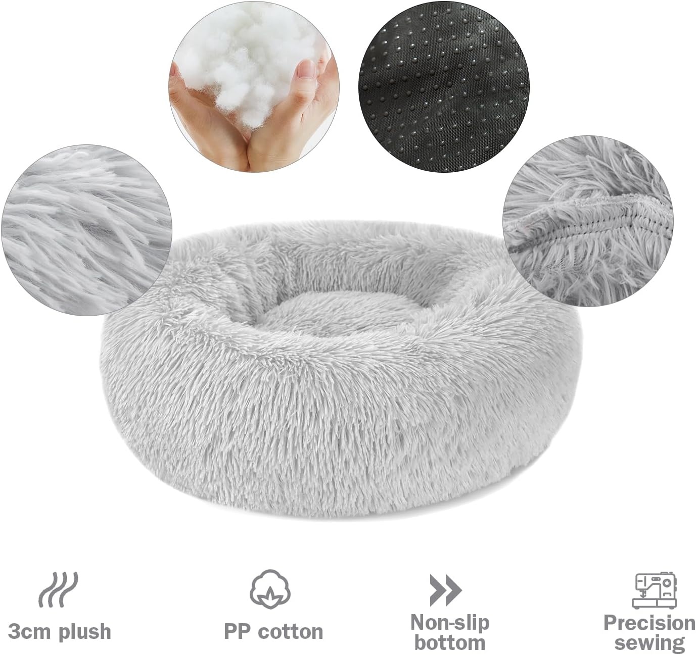 Hondenbed Kattenbed Fluffy Rond Gemaakt van Pluche - Donut Knuffelbaar Hondenkussen Hondenmand Wasbaar M/L/XL voor Kleine, Middelgrote en Grote Honden, Katten en Andere Huisdieren - Maat 60.00 x 60.00 x 20.00 cm (L x W x H)