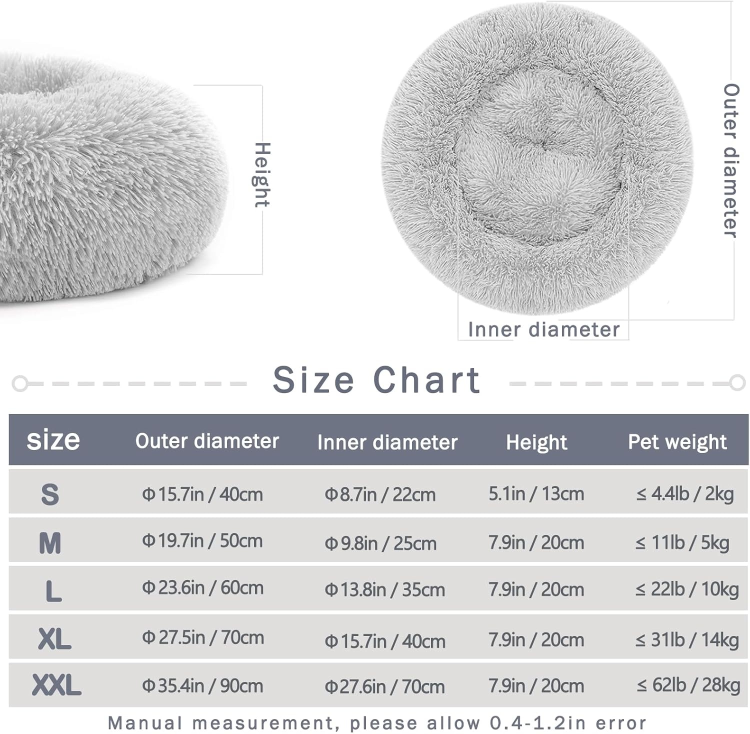 Hondenbed Kattenbed Fluffy Rond Gemaakt van Pluche - Donut Knuffelbaar Hondenkussen Hondenmand Wasbaar M/L/XL voor Kleine, Middelgrote en Grote Honden, Katten en Andere Huisdieren - Maat 60.00 x 60.00 x 20.00 cm (L x W x H)