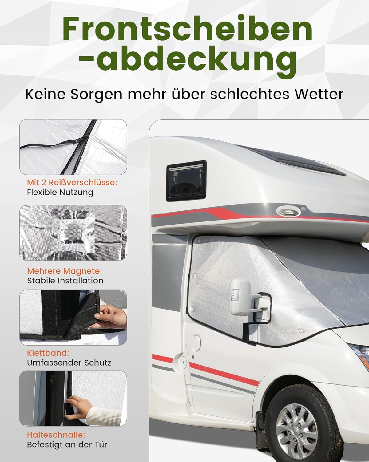 Camper Windschermhoes Zilver met Rits voor Fiat Ducato, Peugeot Boxer, Citroën Jumper X250/290 (2006-2024)