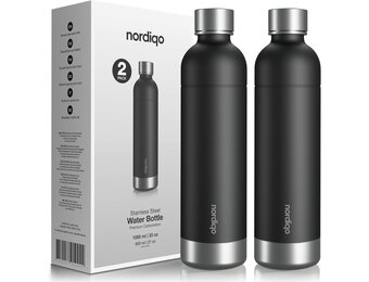 Nordiqo Roestvrijstalen Waterfles 1L - Zwart (2-Pack) | Compatibel met Aarke Carbonator 3 & SodaStream