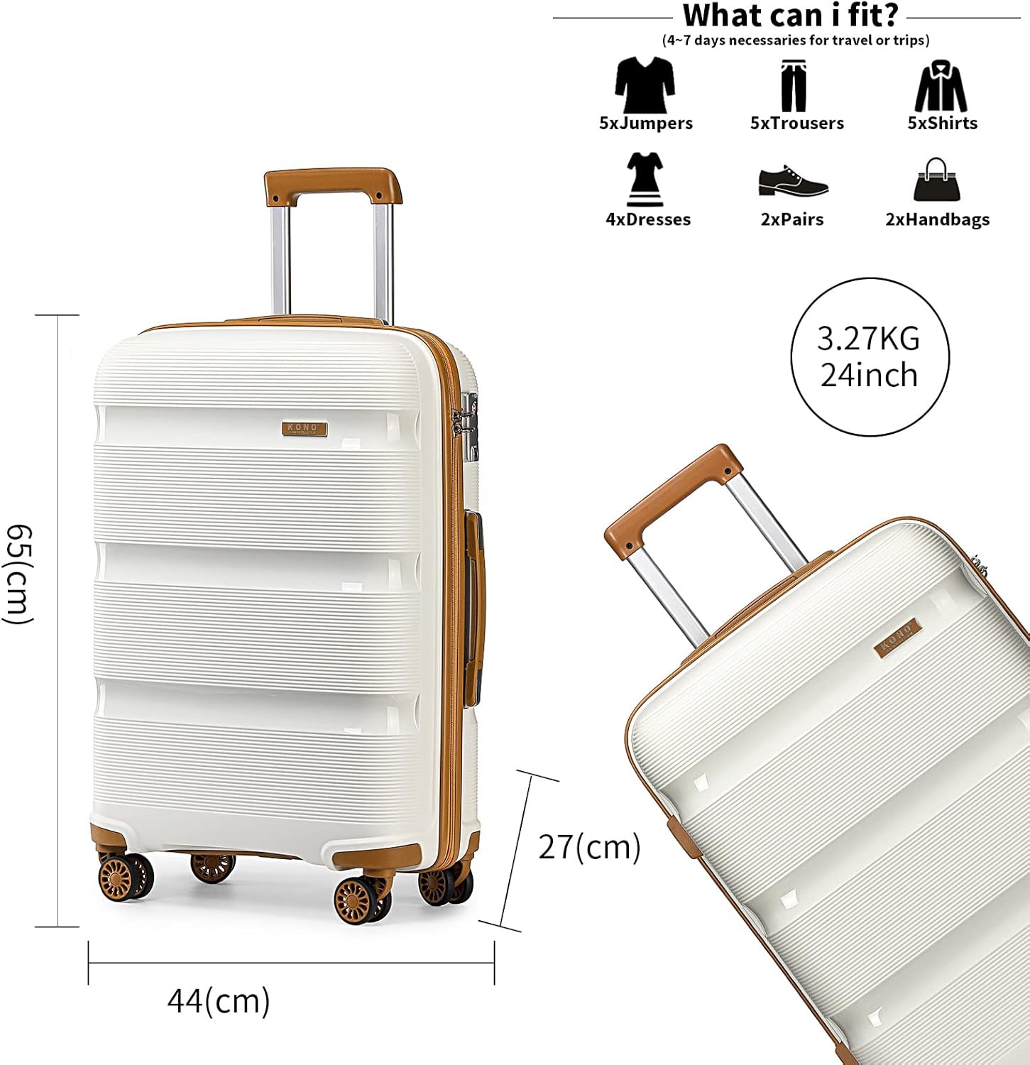 Kono 24 inch Trolley Koffer Lichtgewicht PP Hardcase met 4 Spinnerwielen en TSA-slot - Crème