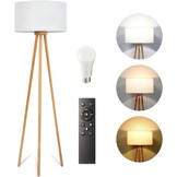 Allesin Houten Tripod LED Vloerlamp met Witte Stoffen Kap - Dimbaar & Kleurtemperatuur Instelbaar (E27)