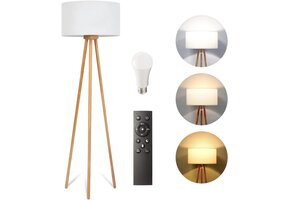 Houten Tripod Vloerlamp LED Dimbaar 3000K-6000K, Witte Kap - 51% Korting