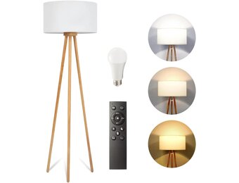 Allesin Houten Tripod LED Vloerlamp met Witte Stoffen Kap - Dimbaar & Kleurtemperatuur Instelbaar (E27)