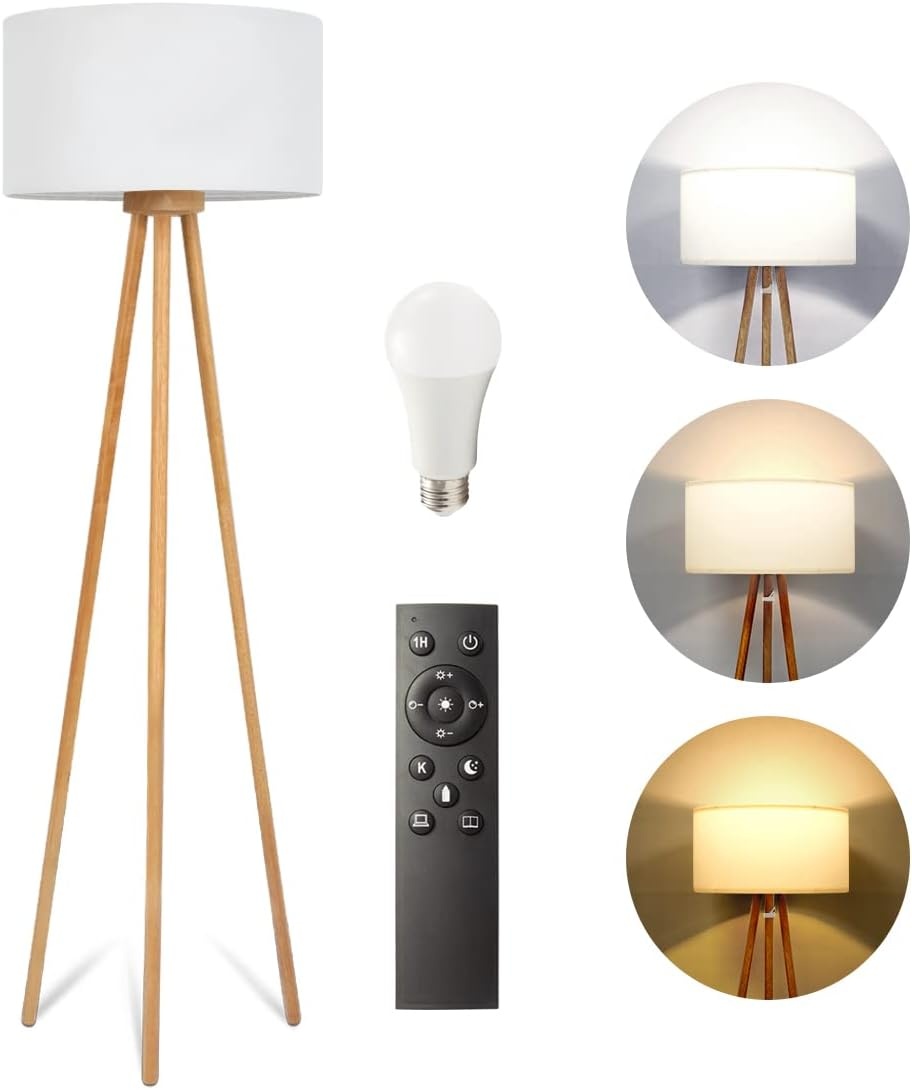 Allesin Houten Tripod LED Vloerlamp met Witte Stoffen Kap - Dimbaar & Kleurtemperatuur Instelbaar (E27)