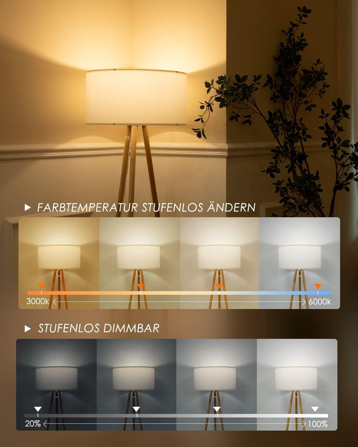 Allesin Houten Tripod LED Vloerlamp met Witte Stoffen Kap - Dimbaar & Kleurtemperatuur Instelbaar (E27)