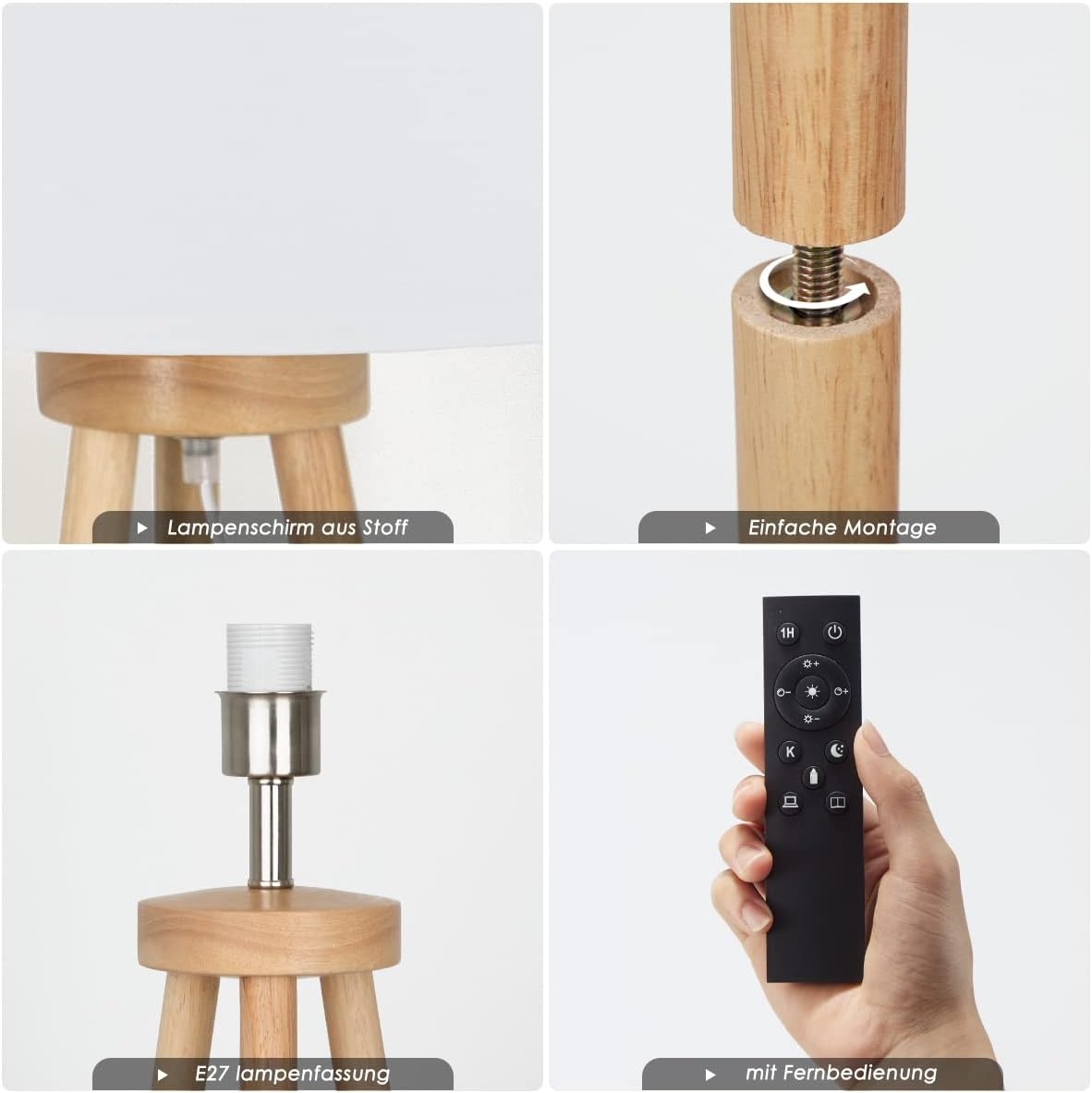 Allesin Houten Tripod LED Vloerlamp met Witte Stoffen Kap - Dimbaar & Kleurtemperatuur Instelbaar (E27)