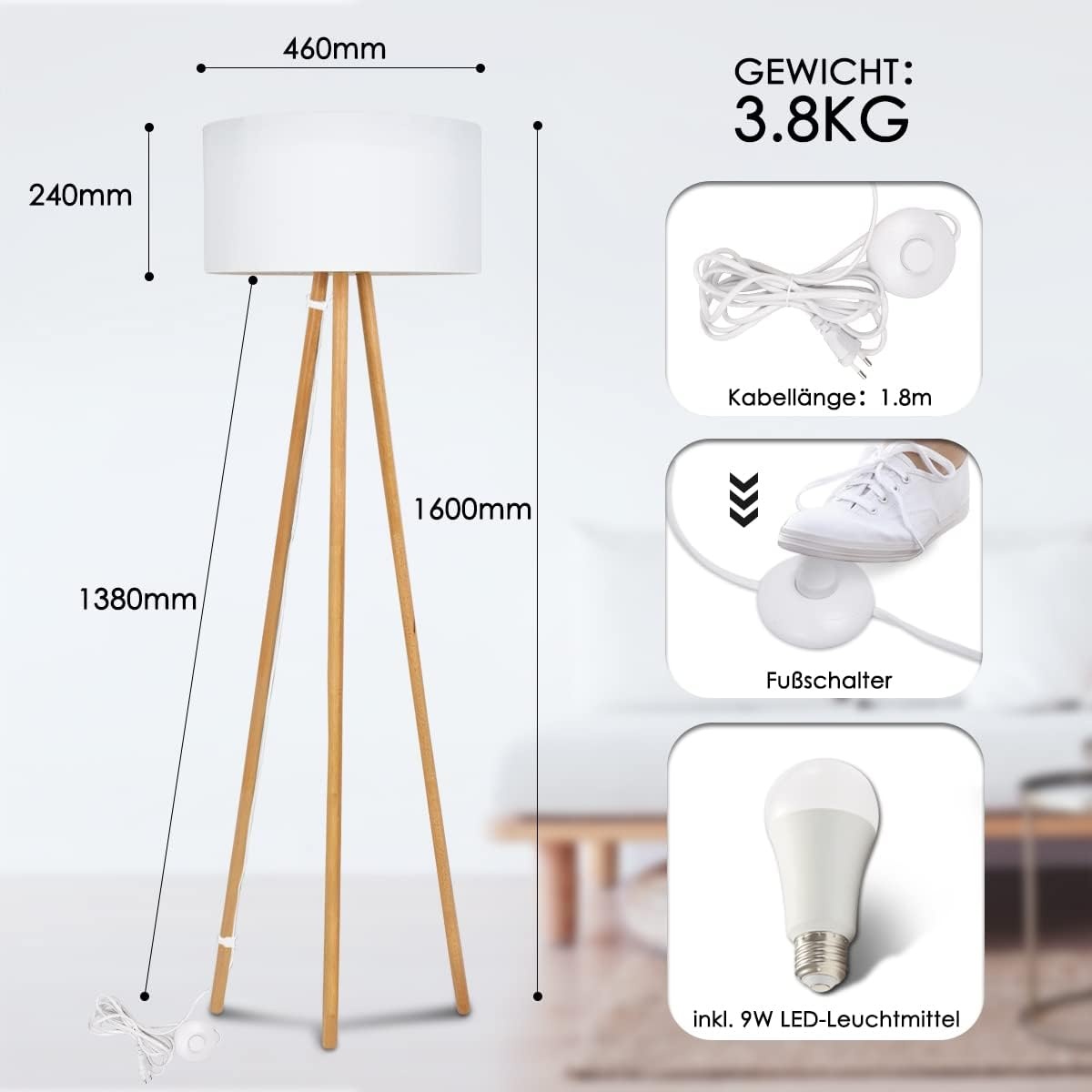 Allesin Houten Tripod LED Vloerlamp met Witte Stoffen Kap - Dimbaar & Kleurtemperatuur Instelbaar (E27)