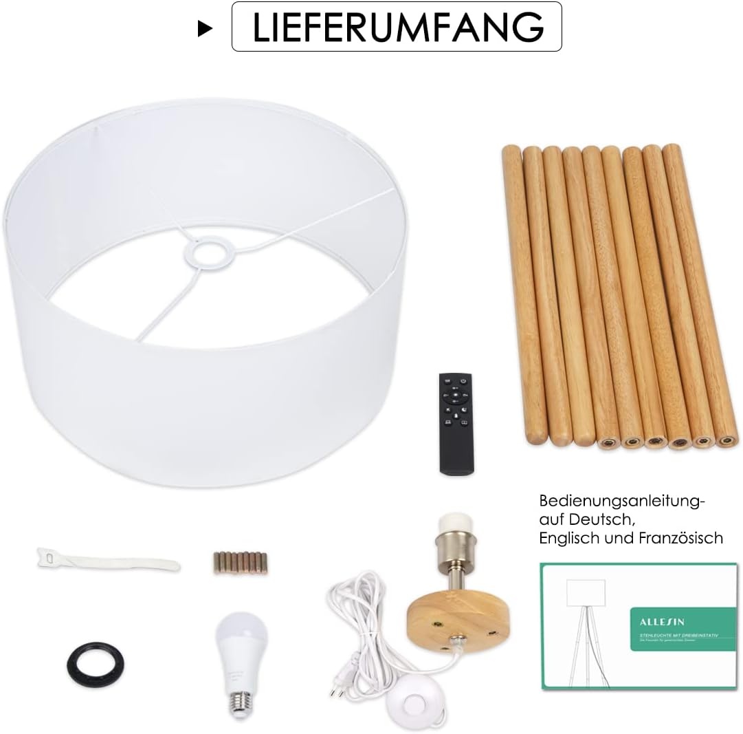 Allesin Houten Tripod LED Vloerlamp met Witte Stoffen Kap - Dimbaar & Kleurtemperatuur Instelbaar (E27)