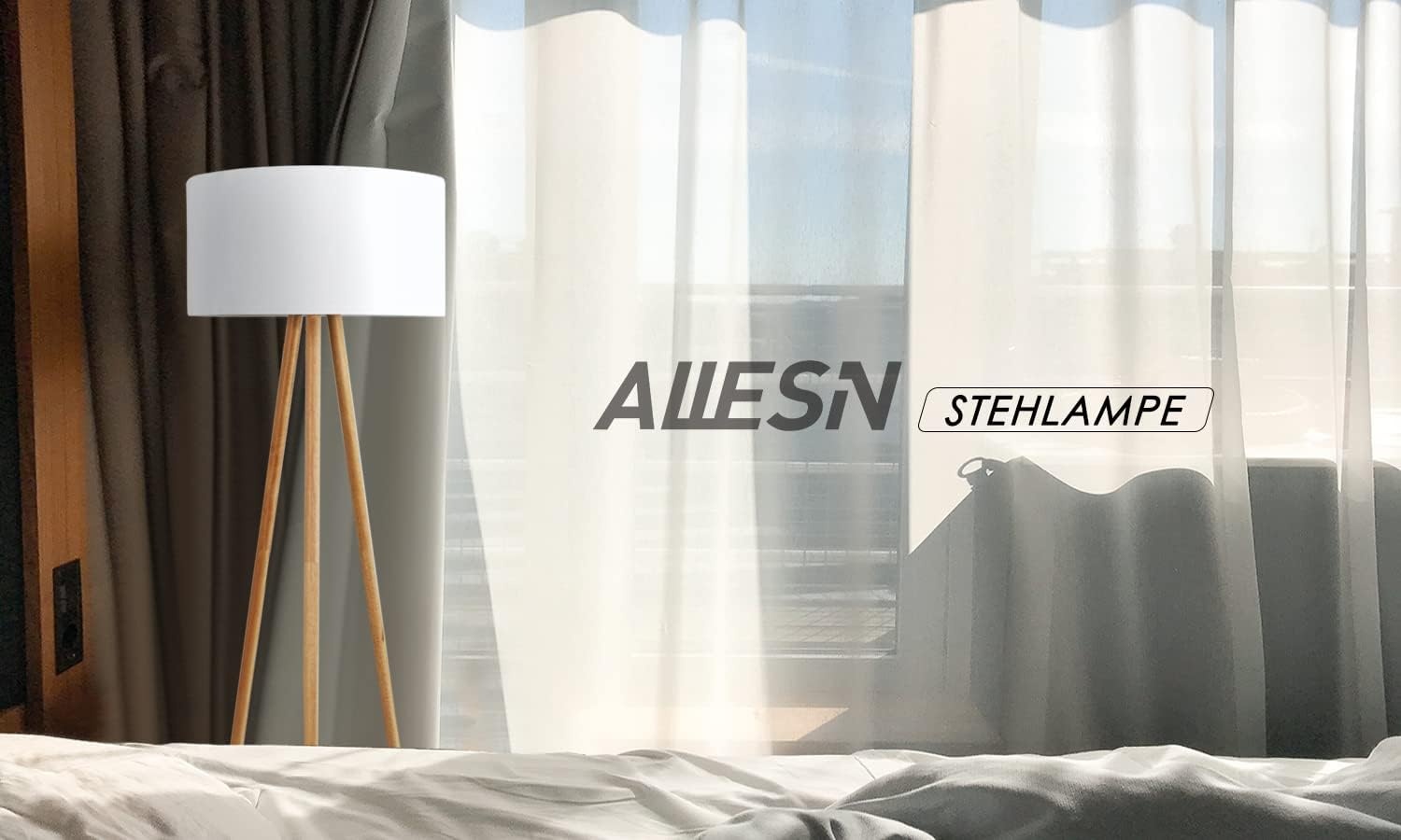 Allesin Houten Tripod LED Vloerlamp met Witte Stoffen Kap - Dimbaar & Kleurtemperatuur Instelbaar (E27)