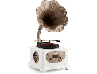 Zwarte retro platenspeler, platenspeler met bluetooth, fonograaf, FM-radio, bediening via afstandsbediening