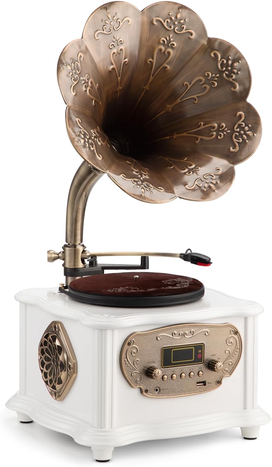 Zwarte retro platenspeler, platenspeler met bluetooth, fonograaf, FM-radio, bediening via afstandsbediening