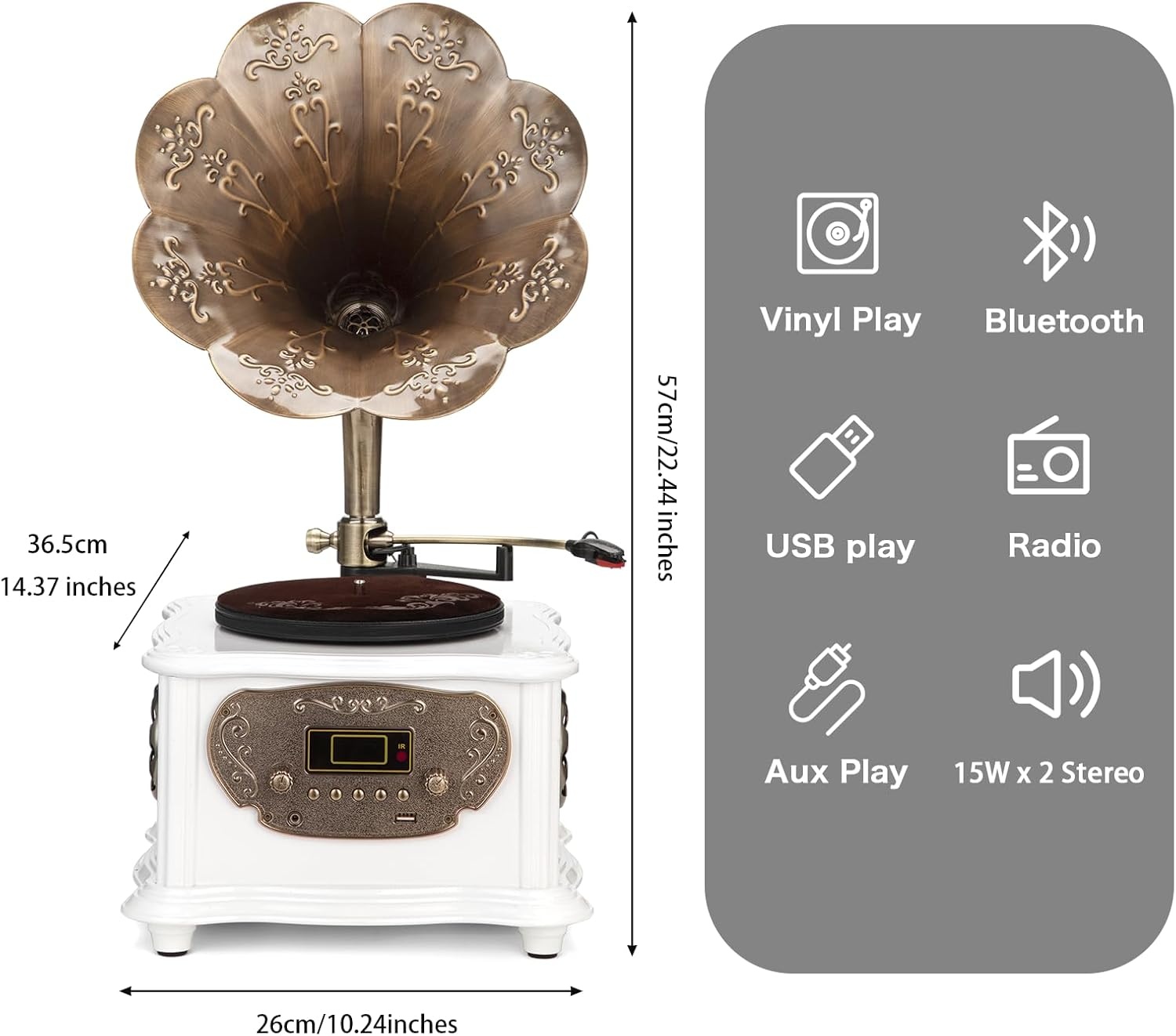 Zwarte retro platenspeler, platenspeler met bluetooth, fonograaf, FM-radio, bediening via afstandsbediening