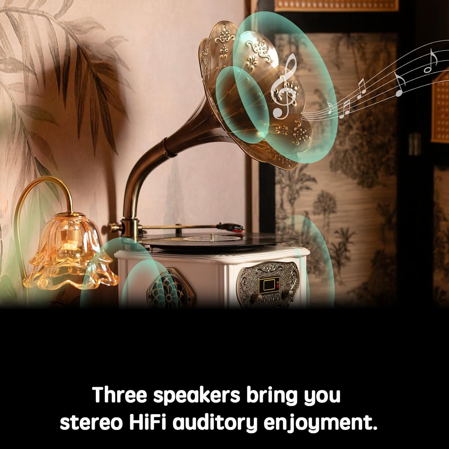 Zwarte retro platenspeler, platenspeler met bluetooth, fonograaf, FM-radio, bediening via afstandsbediening