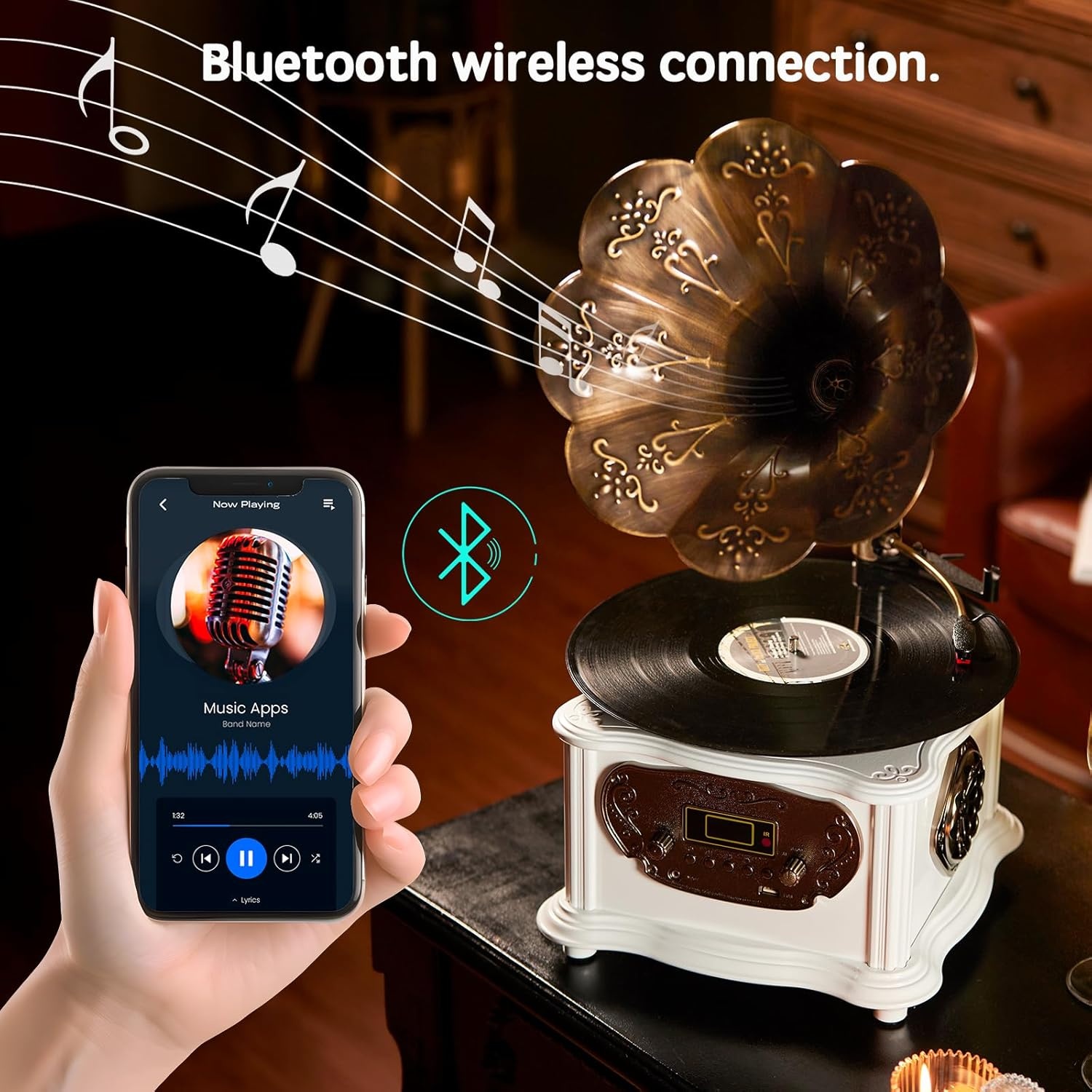 Zwarte retro platenspeler, platenspeler met bluetooth, fonograaf, FM-radio, bediening via afstandsbediening