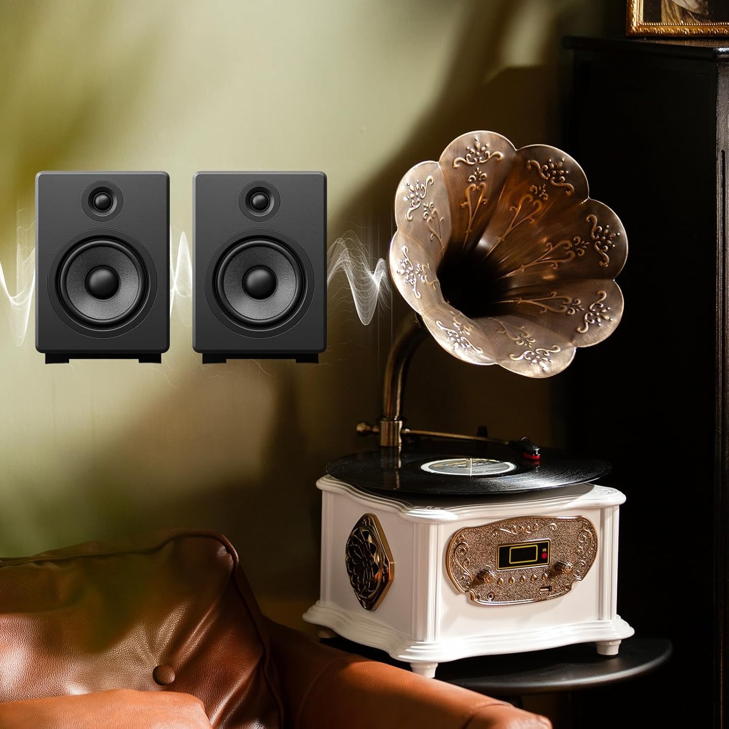 Zwarte retro platenspeler, platenspeler met bluetooth, fonograaf, FM-radio, bediening via afstandsbediening