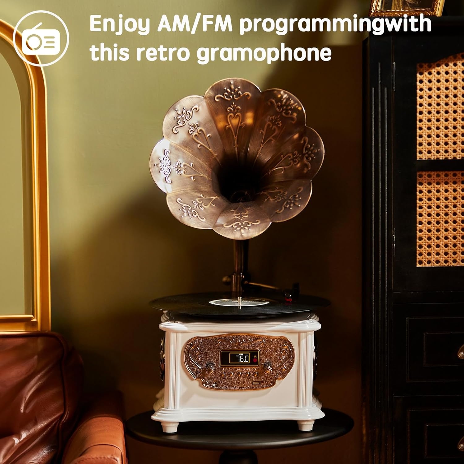 Zwarte retro platenspeler, platenspeler met bluetooth, fonograaf, FM-radio, bediening via afstandsbediening