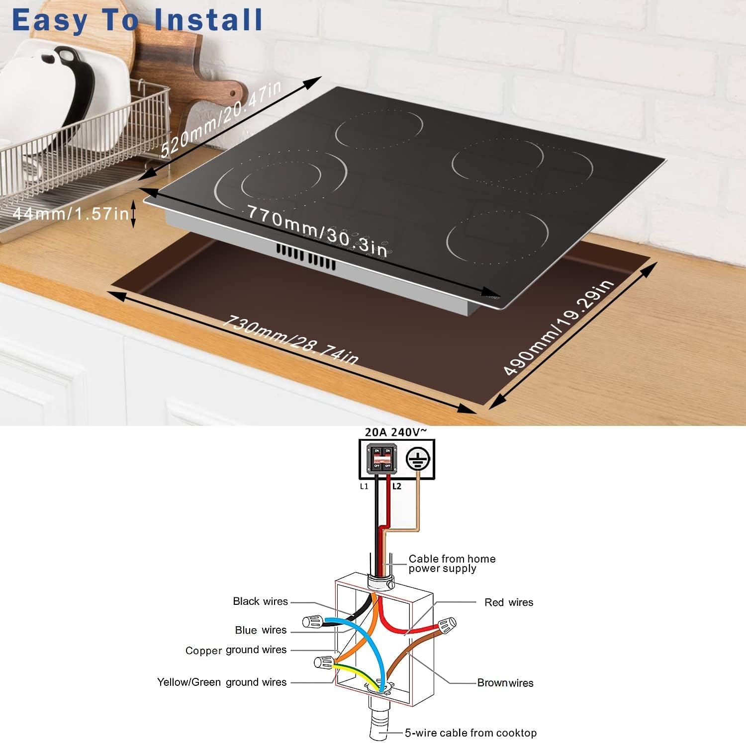 Hobsir Keramische Kookplaat 60 cm met 4 Zones, 6600W en Touch Control