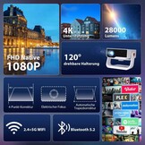 Wielio Smart beamer geïntegreerde app, native 1080P met 4K ondersteuning, wifi 6 en Bluetooth 5.2, stille ventilator (<30 dB), 120° verstelbare standaard, automatische trapeziumcorrectie, voor iOS