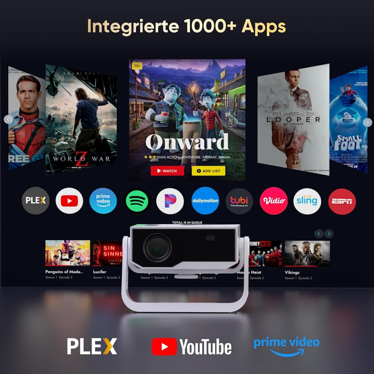 Wielio Smart beamer geïntegreerde app, native 1080P met 4K ondersteuning, wifi 6 en Bluetooth 5.2, stille ventilator (<30 dB), 120° verstelbare standaard, automatische trapeziumcorrectie, voor iOS