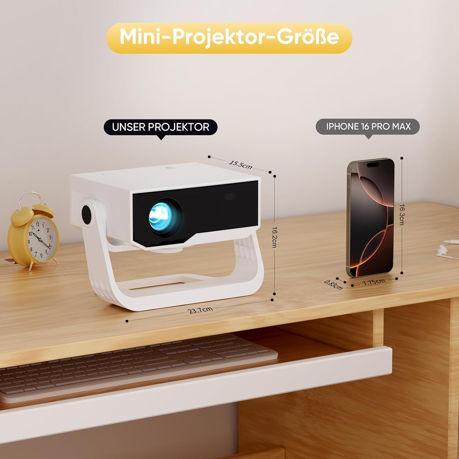 Wielio Smart beamer geïntegreerde app, native 1080P met 4K ondersteuning, wifi 6 en Bluetooth 5.2, stille ventilator (<30 dB), 120° verstelbare standaard, automatische trapeziumcorrectie, voor iOS