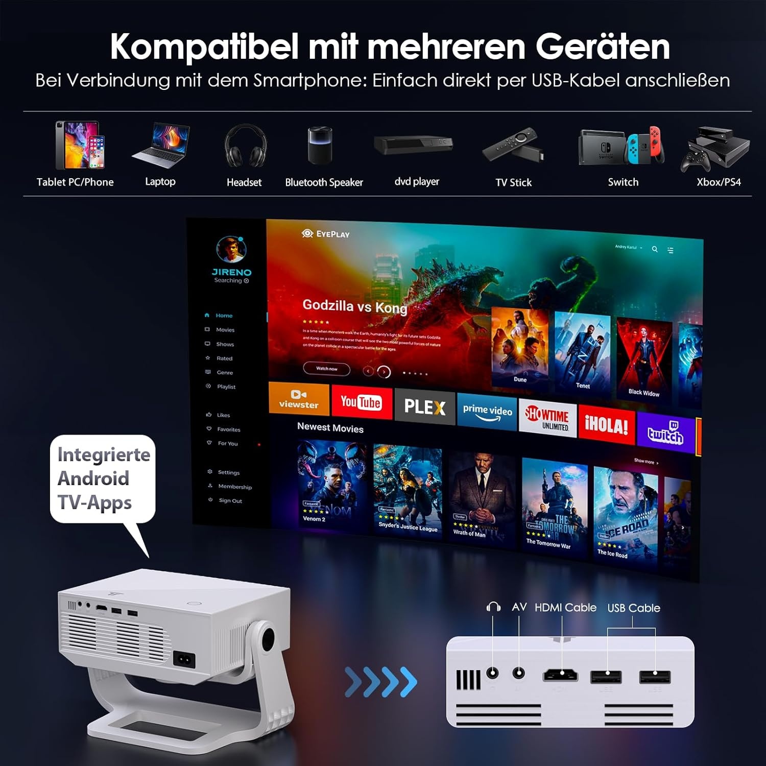 Wielio Smart beamer geïntegreerde app, native 1080P met 4K ondersteuning, wifi 6 en Bluetooth 5.2, stille ventilator (<30 dB), 120° verstelbare standaard, automatische trapeziumcorrectie, voor iOS
