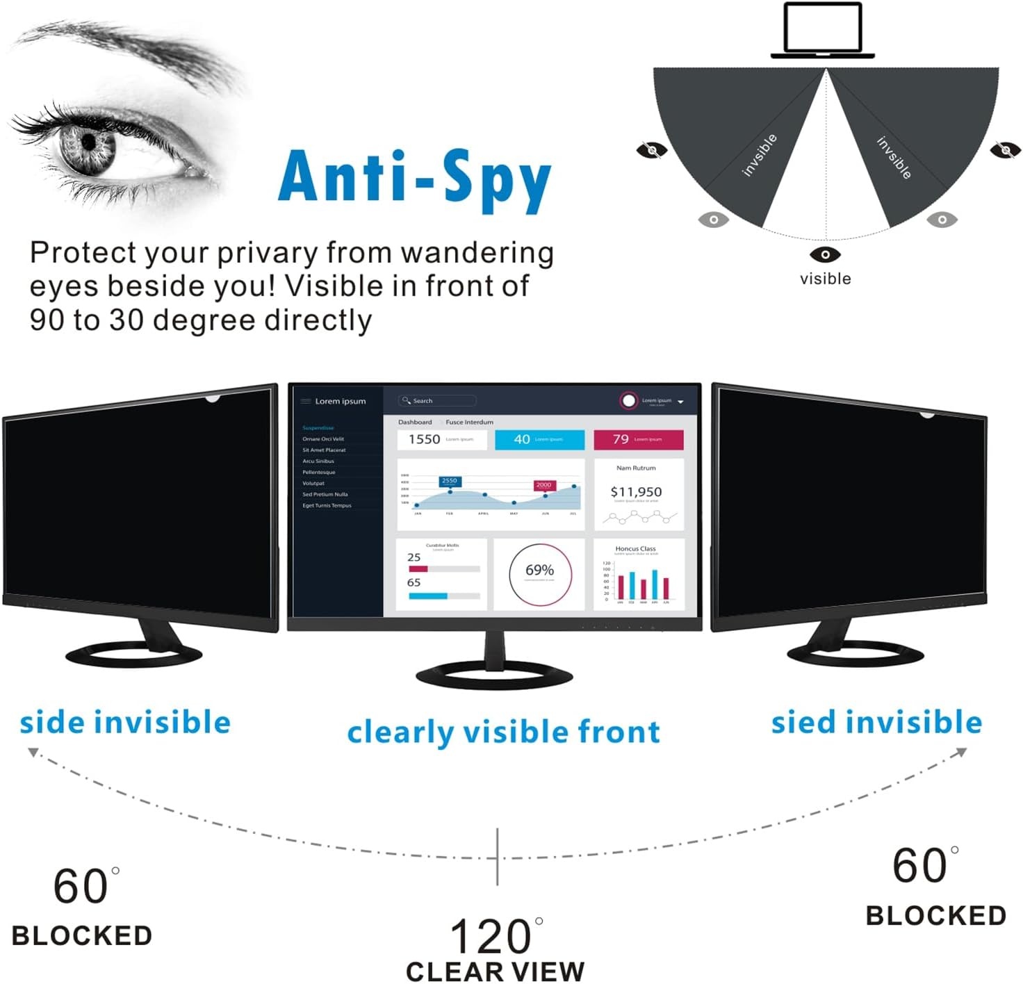 32 inch Privacyfilter voor 32 inch beeldverhouding 16:9 computermonitor privacyfolie displayfilter privacy anti-spy blauw licht filter & anti-verblinding filter eenvoudig aan en uit te