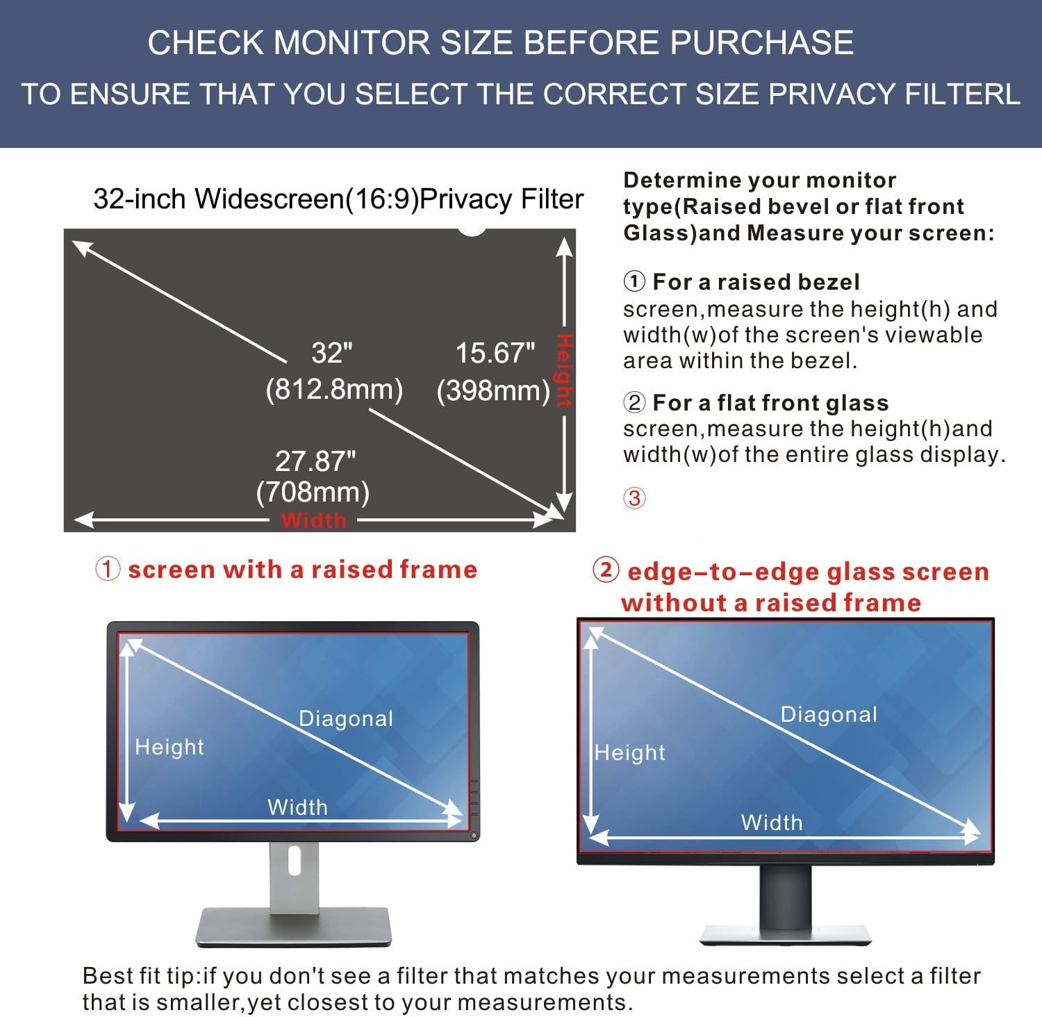 32 inch Privacyfilter voor 32 inch beeldverhouding 16:9 computermonitor privacyfolie displayfilter privacy anti-spy blauw licht filter & anti-verblinding filter eenvoudig aan en uit te