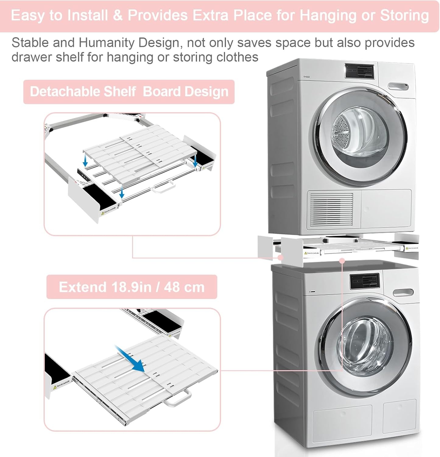 NIUXX Universele Stapelkit Wasmachine en Droger 53-68 cm met Uitschuifbare Plank