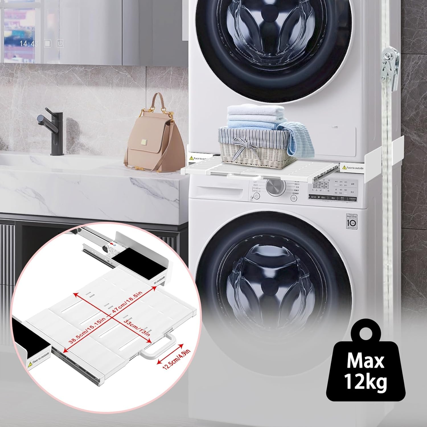 NIUXX Universele Stapelkit Wasmachine en Droger 53-68 cm met Uitschuifbare Plank