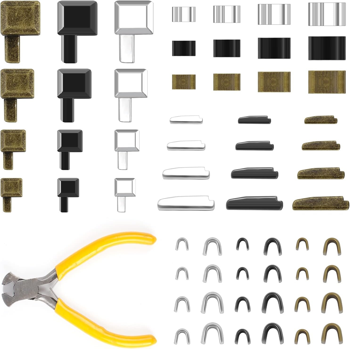 60 stuks Zip Reparatieset, invoegpin bodem, stop, metalen kop schuifregelaars houder met 1 stuk rits installeren tang gereedschap voor naaien kleding ambachten (zilver, zwart, brons)