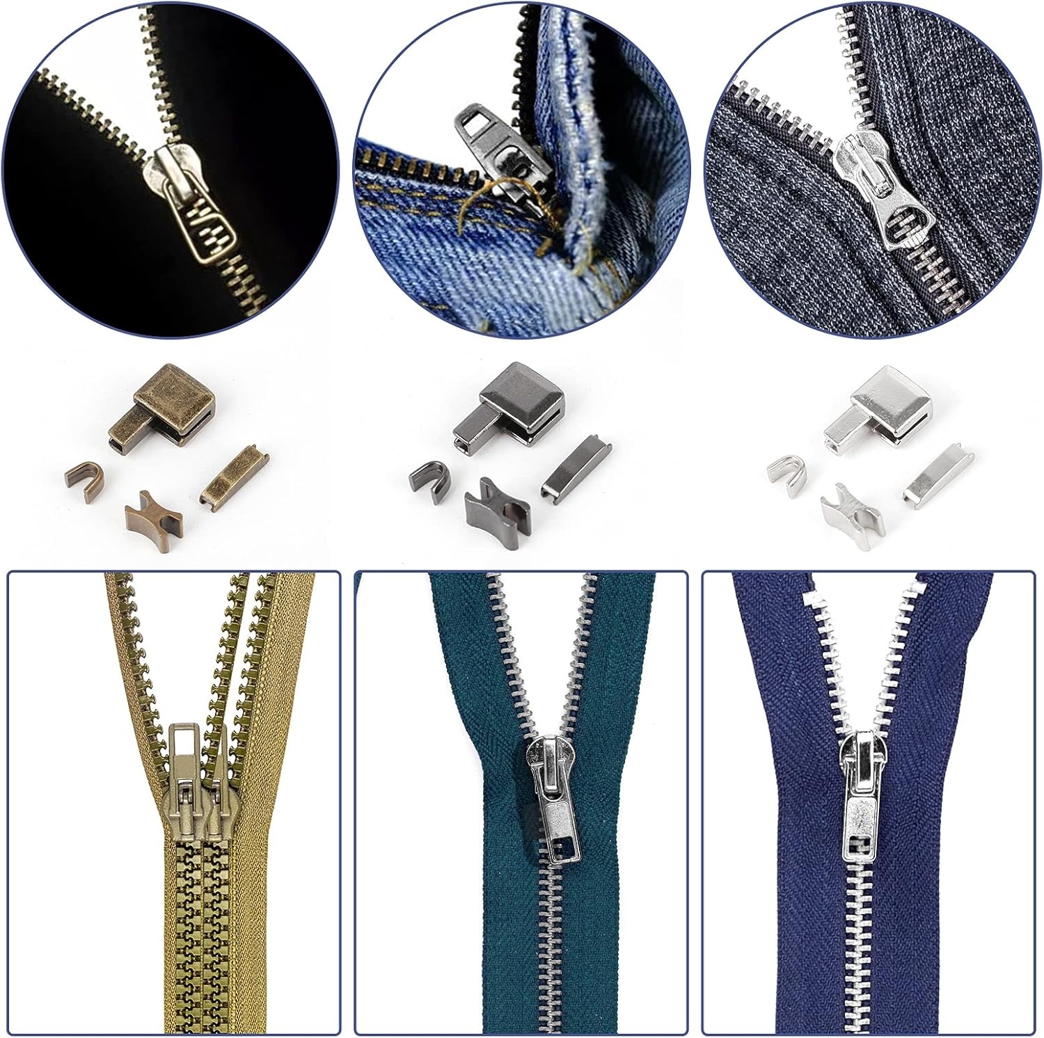 60 stuks Zip Reparatieset, invoegpin bodem, stop, metalen kop schuifregelaars houder met 1 stuk rits installeren tang gereedschap voor naaien kleding ambachten (zilver, zwart, brons)