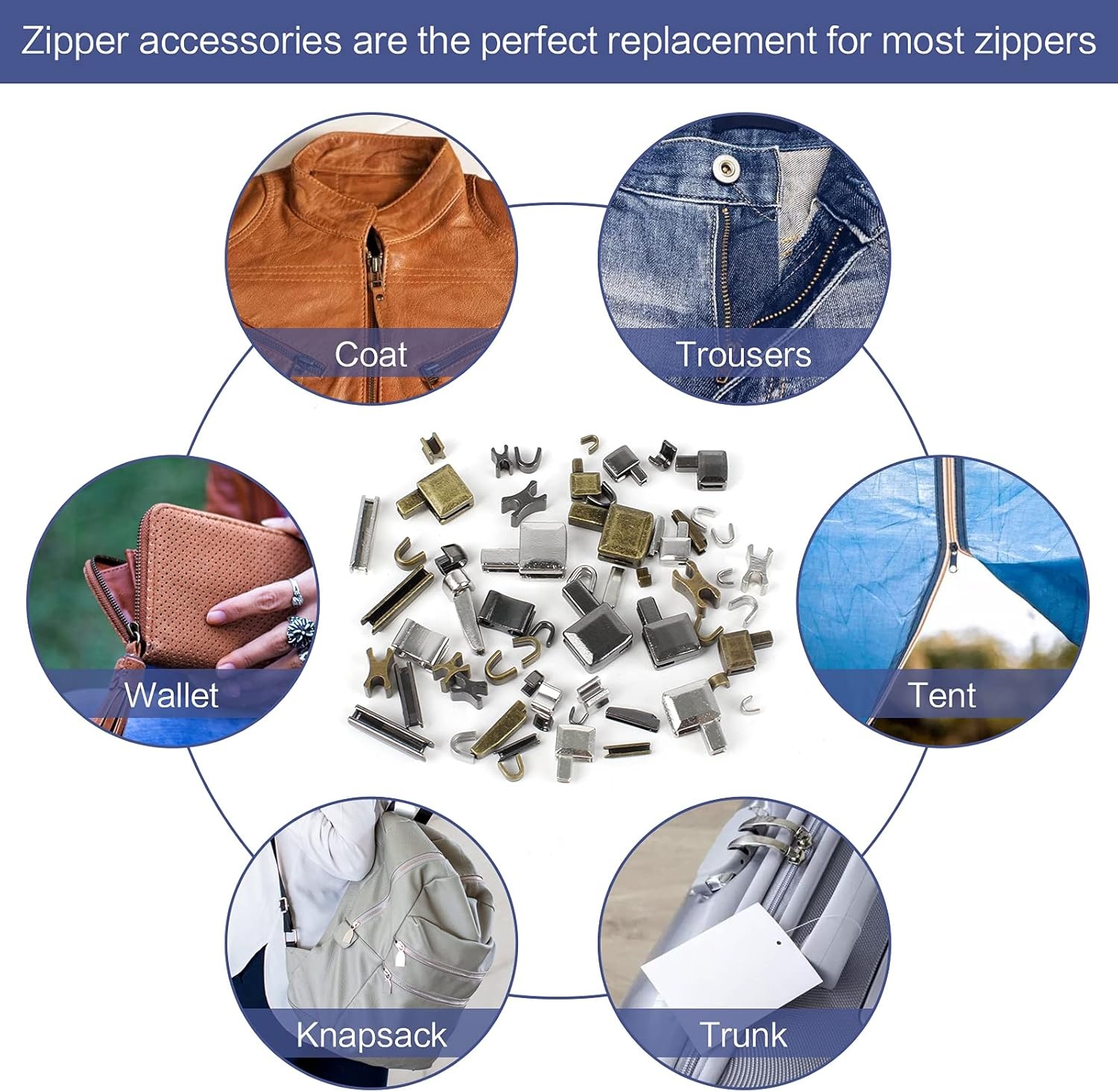60 stuks Zip Reparatieset, invoegpin bodem, stop, metalen kop schuifregelaars houder met 1 stuk rits installeren tang gereedschap voor naaien kleding ambachten (zilver, zwart, brons)