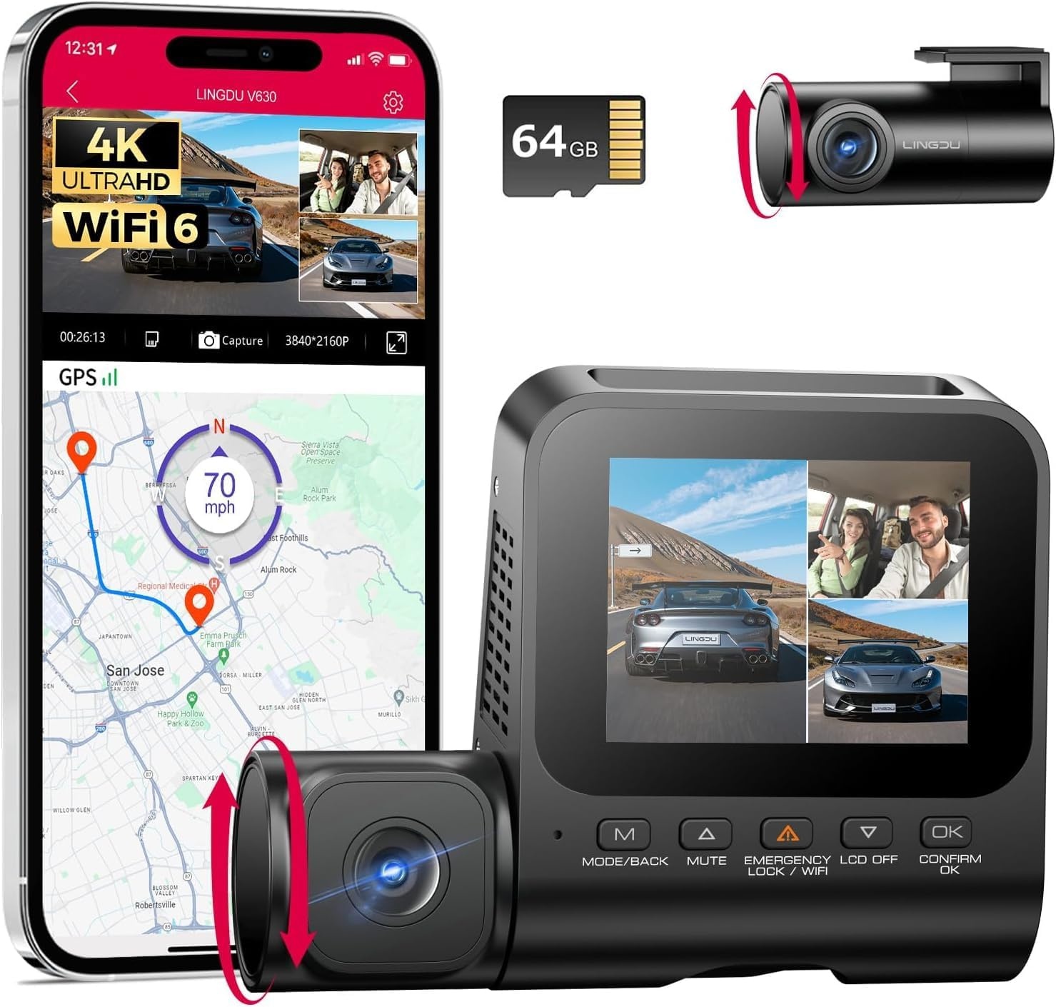 V630 Dashcam, 4K + 1080p + 1080p, 2,4 inch IPS, verborgen dashcam, auto, GPS autocamera, 24 uur buffer parkeermodus, autocamera, ultra nachtzicht, mini-dashcam, 170° groothoek, autocamera