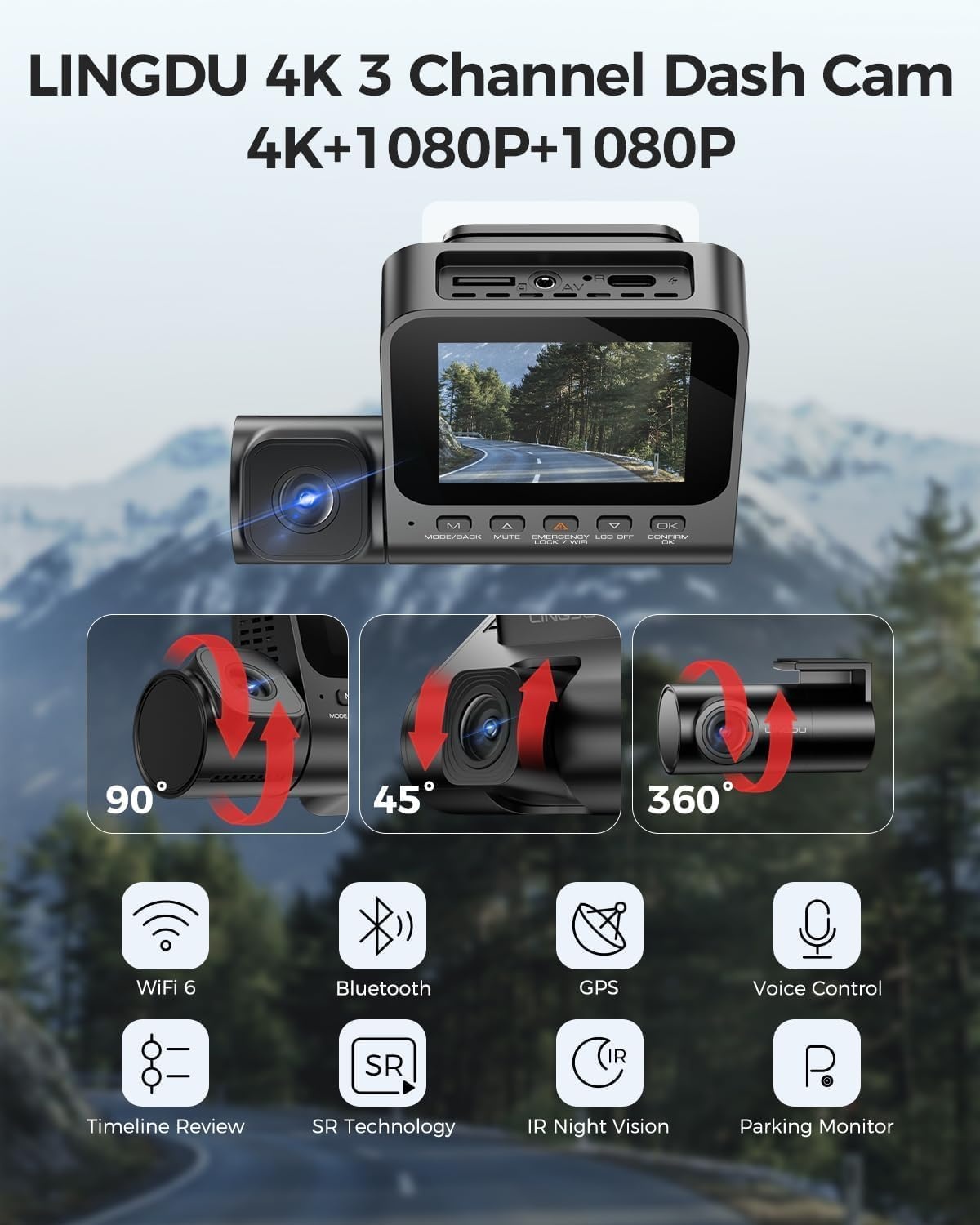 V630 Dashcam, 4K + 1080p + 1080p, 2,4 inch IPS, verborgen dashcam, auto, GPS autocamera, 24 uur buffer parkeermodus, autocamera, ultra nachtzicht, mini-dashcam, 170° groothoek, autocamera