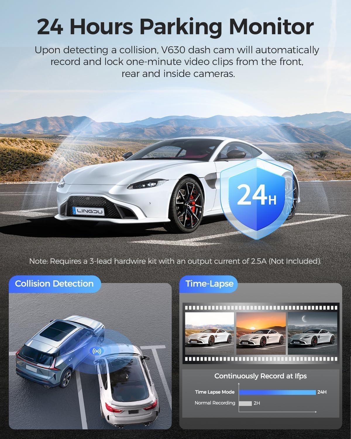 V630 Dashcam, 4K + 1080p + 1080p, 2,4 inch IPS, verborgen dashcam, auto, GPS autocamera, 24 uur buffer parkeermodus, autocamera, ultra nachtzicht, mini-dashcam, 170° groothoek, autocamera