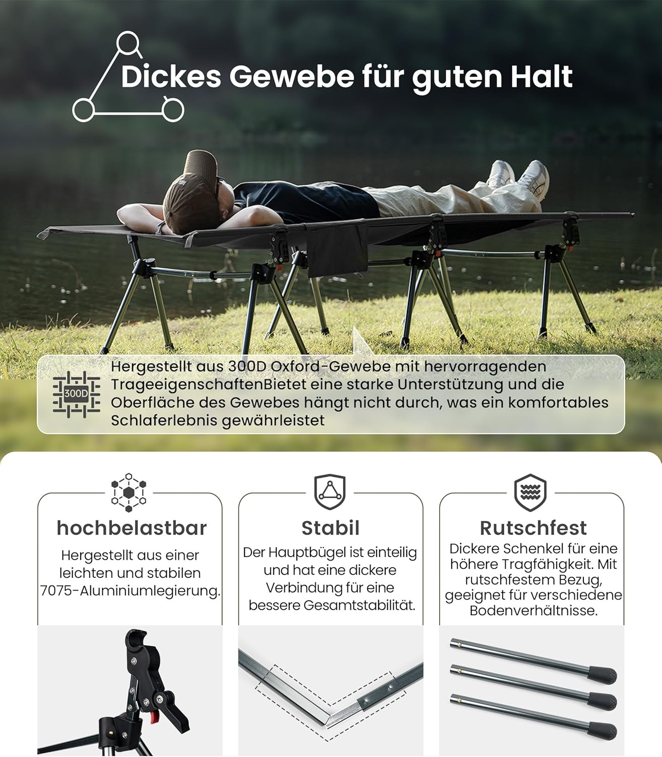 OneTigris SUPRANUBIS Veldbed, inklapbaar, 190 x 70 cm, draagbaar campingbed, opvouwbaar, licht, opklapbed, camping, tot 150 kg, voor tent, outdoor, reizen, tuin, kantoor