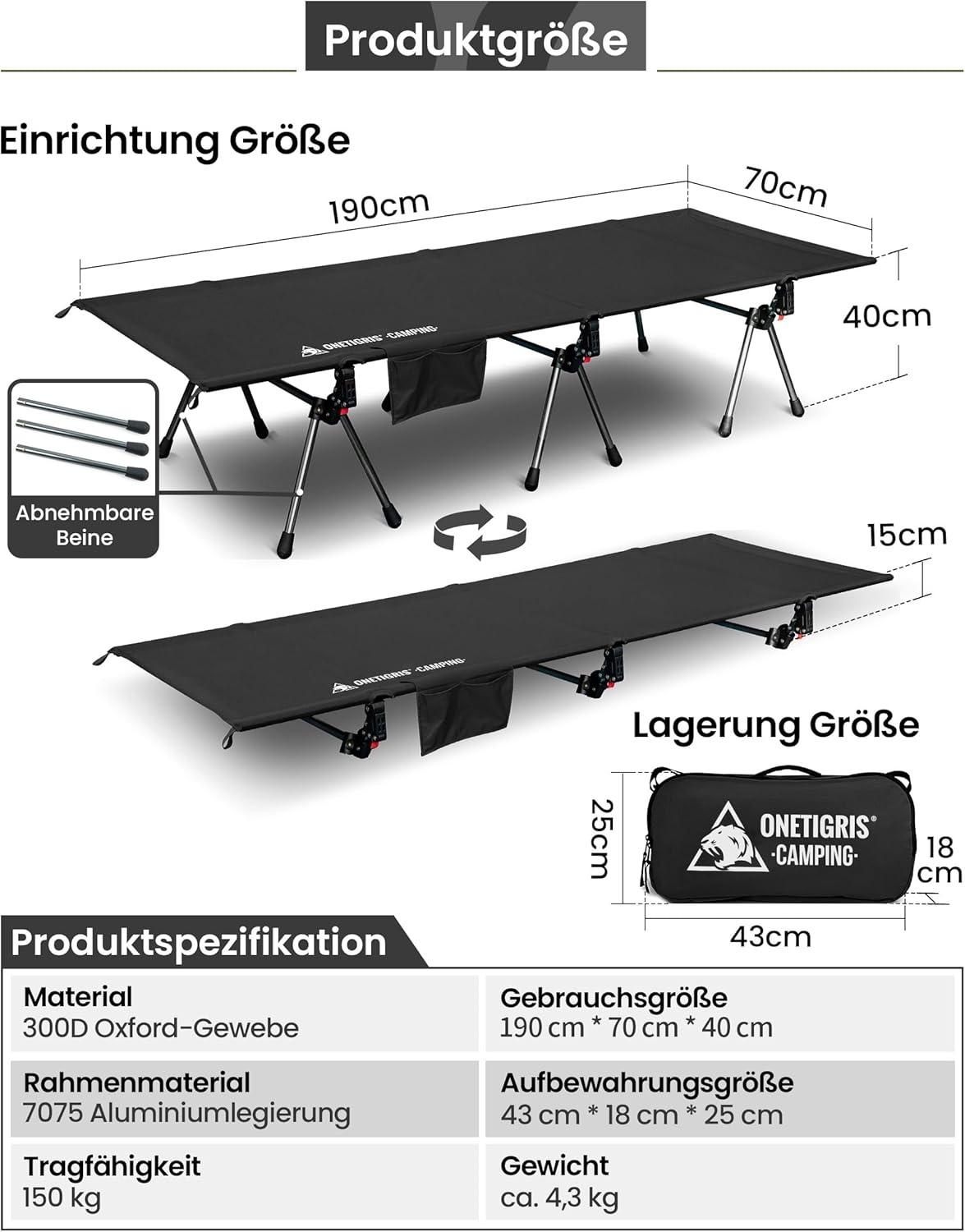 OneTigris SUPRANUBIS Veldbed, inklapbaar, 190 x 70 cm, draagbaar campingbed, opvouwbaar, licht, opklapbed, camping, tot 150 kg, voor tent, outdoor, reizen, tuin, kantoor