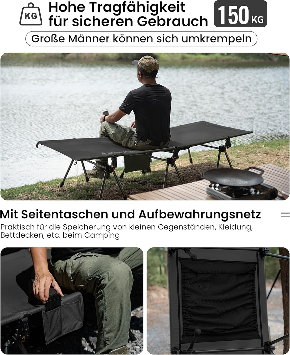 OneTigris SUPRANUBIS Veldbed, inklapbaar, 190 x 70 cm, draagbaar campingbed, opvouwbaar, licht, opklapbed, camping, tot 150 kg, voor tent, outdoor, reizen, tuin, kantoor