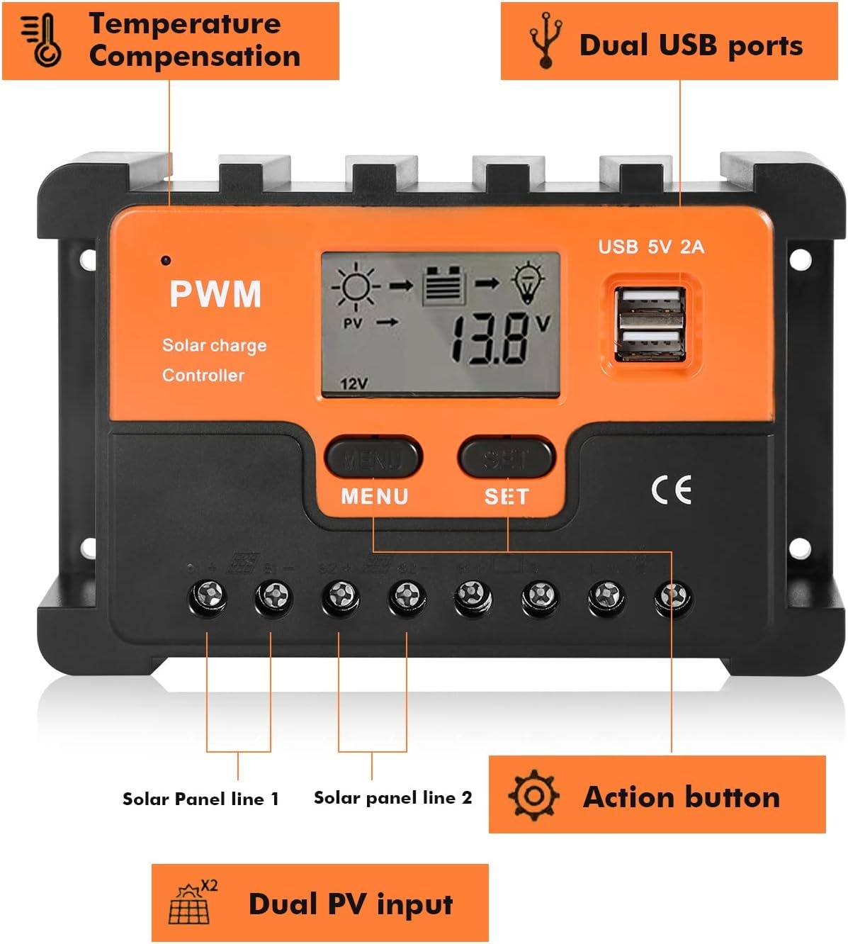 DEWIN PWM Solar Controller,PWM Zonne Laadcontroller Zonnepaneel Batterij Regulator PWM Zonne-laadregelaar Dubbele USB LCD Display (30A)