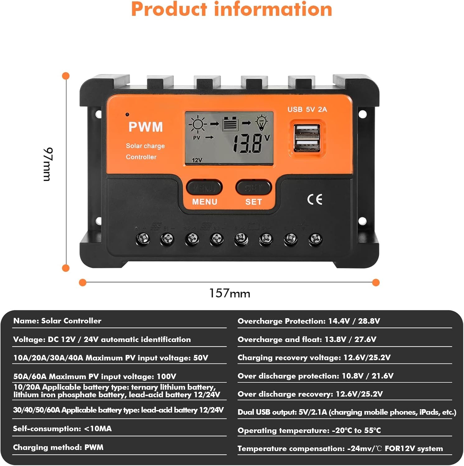 DEWIN PWM Solar Controller,PWM Zonne Laadcontroller Zonnepaneel Batterij Regulator PWM Zonne-laadregelaar Dubbele USB LCD Display (30A)