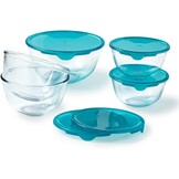 Pyrex - Set van 5 kommen/slakommen met deksel - 2x0,5L + 2x1L + 1x2L - Borosilicaat glas - Extreem sterk - Vaatwasmachinebestendig - Made in France