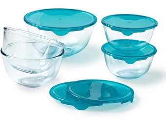 Pyrex - Set van 5 kommen/slakommen met deksel - 2x0,5L + 2x1L + 1x2L - Borosilicaat glas - Extreem sterk - Vaatwasmachinebestendig - Made in France