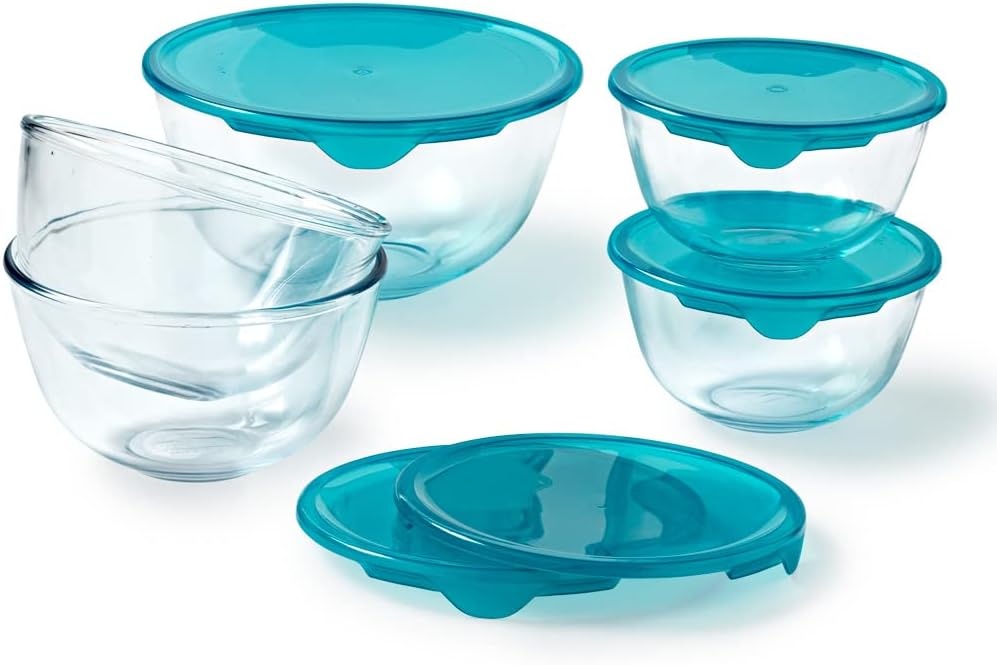 Pyrex - Set van 5 kommen/slakommen met deksel - 2x0,5L + 2x1L + 1x2L - Borosilicaat glas - Extreem sterk - Vaatwasmachinebestendig - Made in France