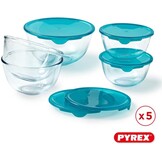 Pyrex - Set van 5 kommen/slakommen met deksel - 2x0,5L + 2x1L + 1x2L - Borosilicaat glas - Extreem sterk - Vaatwasmachinebestendig - Made in France